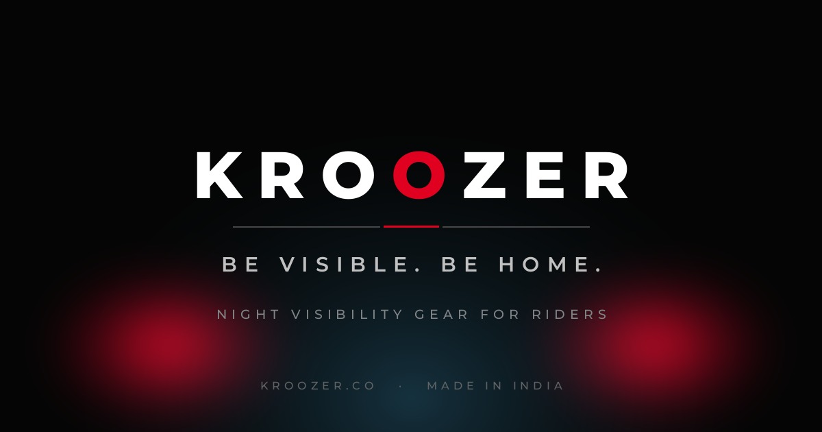 Kroozer brand card: the KROOZER wordmark in white on a dark background, with two red strobe pulses low on either side and the line Be visible. Be home.