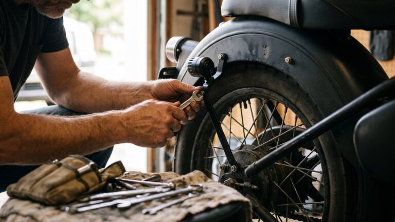 Hands using a spanner to bolt a small strobe pod bracket to the rear of a retro motorcycle in a garage