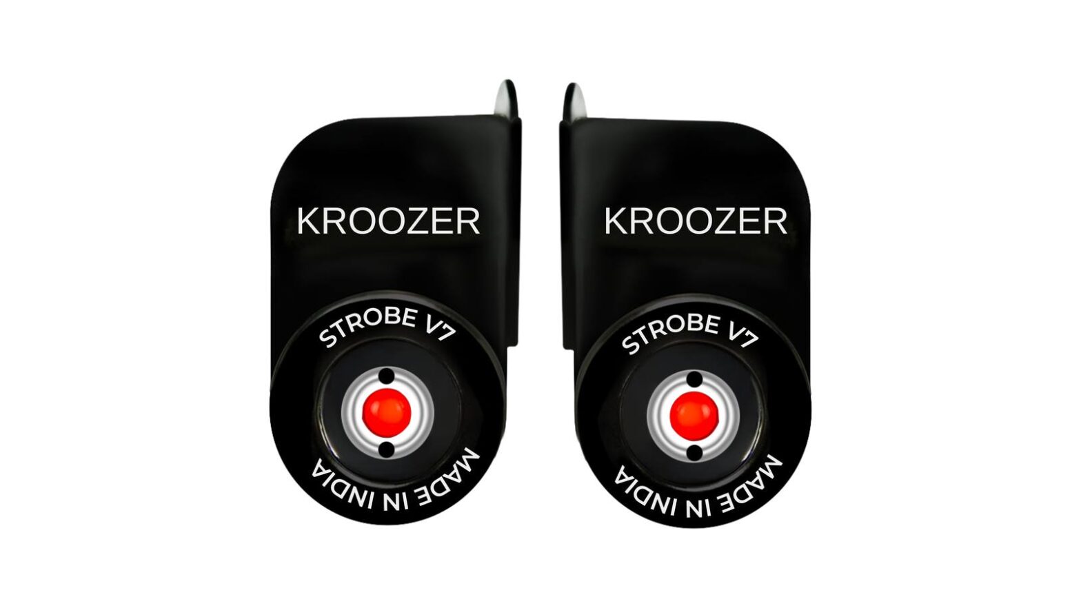A pair of KROOZER Strobe V7.0 Pro pods, black housings marked Strobe V7 and Made in India, each with a red LED in a white ring