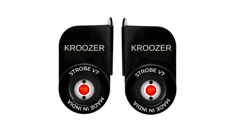 A pair of KROOZER Strobe V7.0 Pro pods, black housings marked Strobe V7 and Made in India, each with a red LED in a white ring