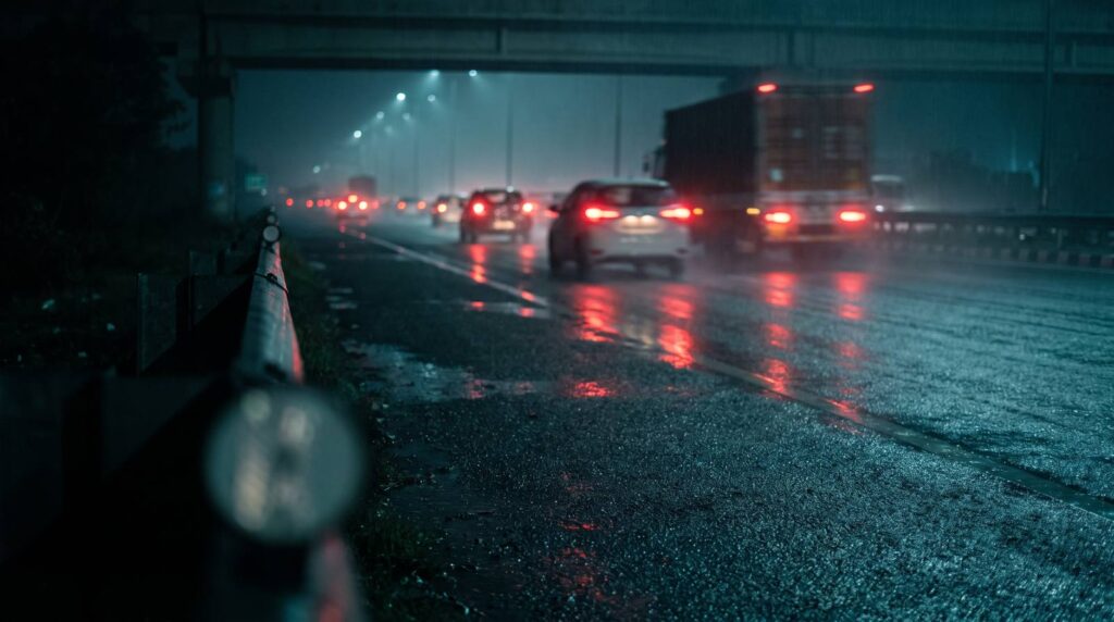 Traffic on a wet Indian highway at night in light rain, red tail lights reflecting off the standing water on the tarmac
