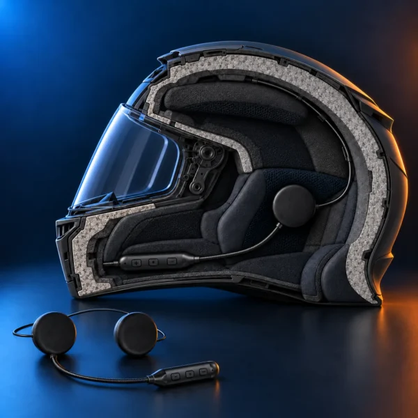 Cutaway of a black full face helmet showing the Bluetooth BTX speaker pads and control module fitted inside the lining