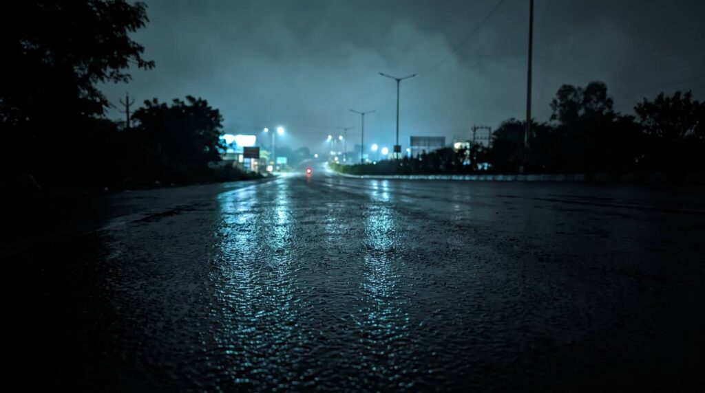 Empty wet Indian highway at night, street lamps reflecting on the road surface and one small red light far in the distance