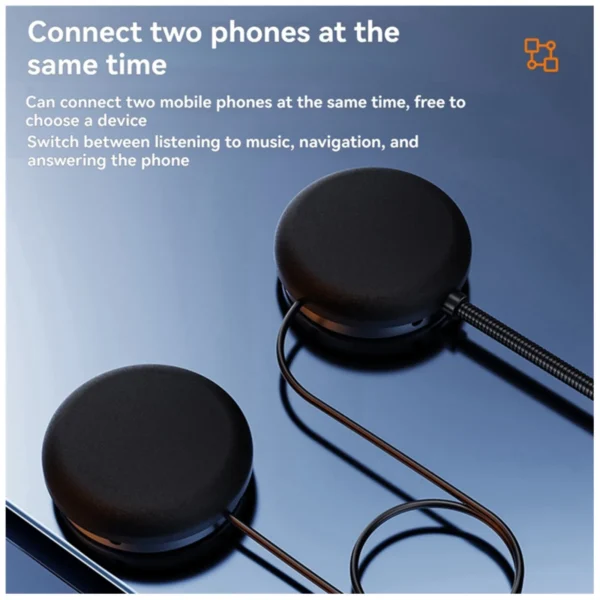 Close up of the two round black speaker pads of the Bluetooth BTX, with text about connecting two phones at the same time