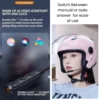 Bluetooth BTX control module with voice assistant graphic, beside a rider wearing an open face helmet with the microphone fitted