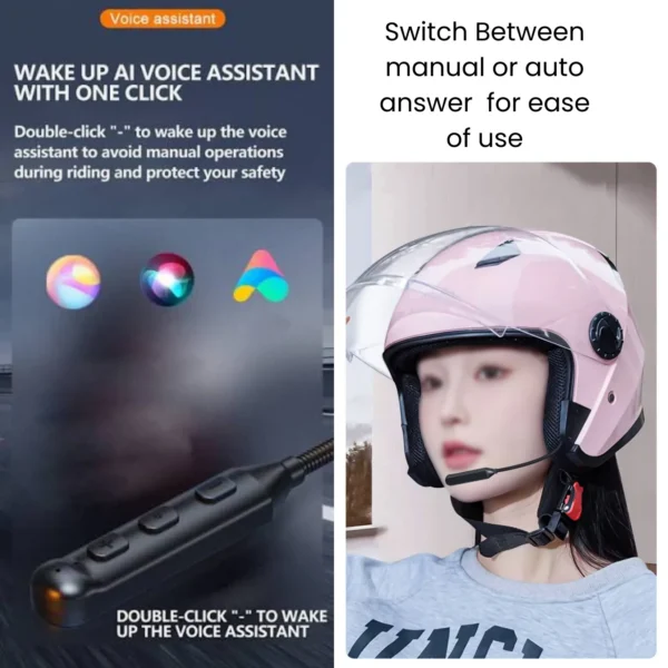 Bluetooth BTX control module with voice assistant graphic, beside a rider wearing an open face helmet with the microphone fitted