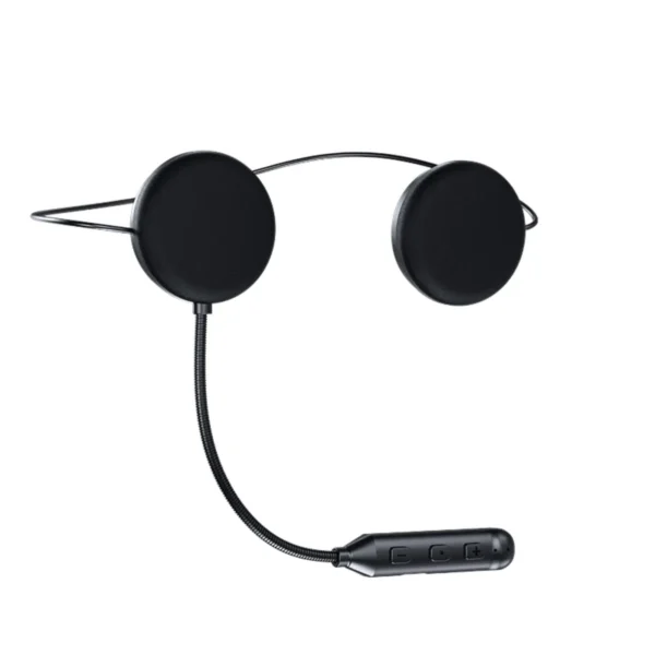 The Bluetooth BTX headset on a white background, two round speaker pads joined by a cable to the three button control module