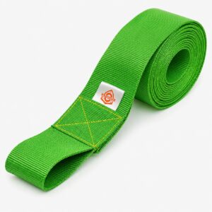KROOZER green motorcycle towing strap, 2 inch nylon webbing, 2.5 metre, rolled with the sewn loop end and box-X stitching visible, on a white background
