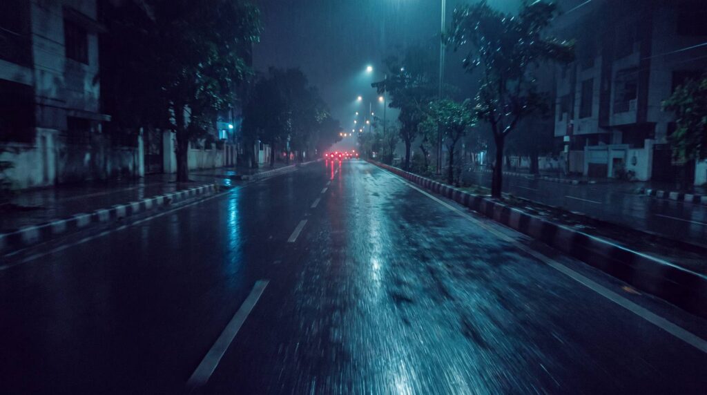 An empty two lane Indian city road after rain at night, with a cluster of distant red tail lights the only warm colour against the wet tarmac