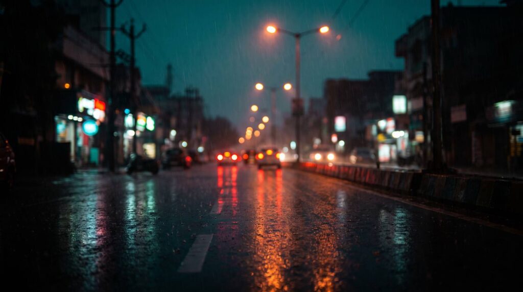A wet city road at night in India, crowded with red tail lamps, orange street lamps and shop signage reflecting off the tarmac, showing how much light a rider's own lamp has to compete against