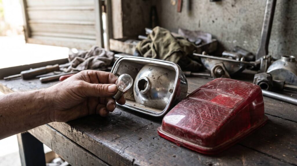 A mechanic holds a small clear bulb beside the open chrome reflector of a motorcycle tail lamp, with the scratched red lens cover resting on the bench alongside.