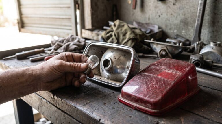 A mechanic holds a small clear bulb beside the open chrome reflector of a motorcycle tail lamp, with the scratched red lens cover resting on the bench alongside.