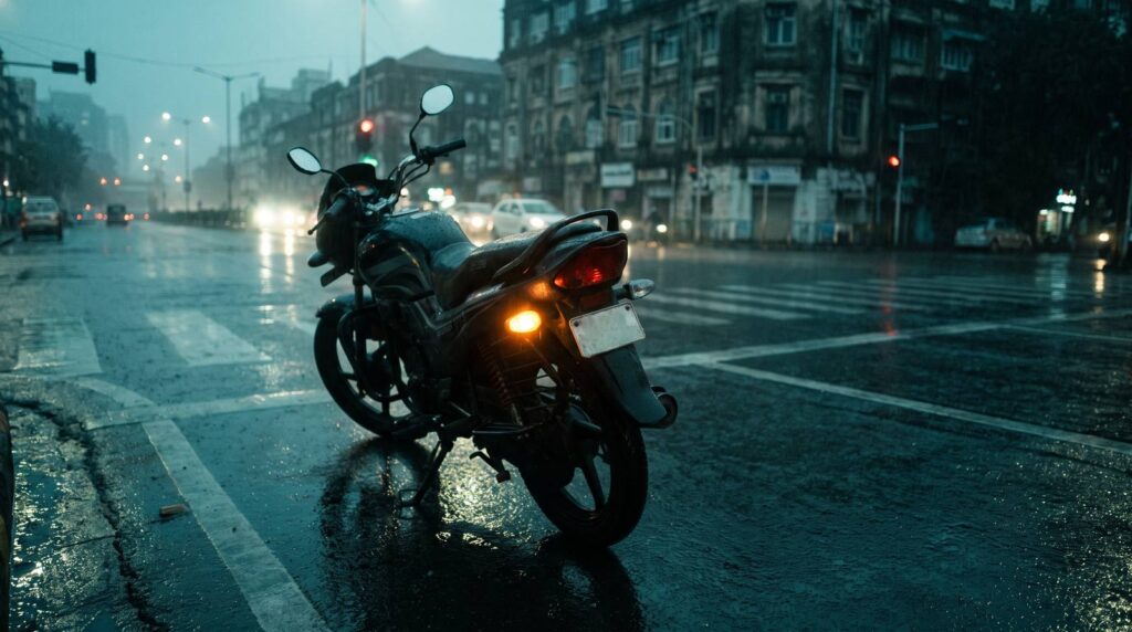 A commuter motorcycle waiting at a rain-soaked Indian city junction after dark, its amber rear indicator lit and reflecting off the wet road