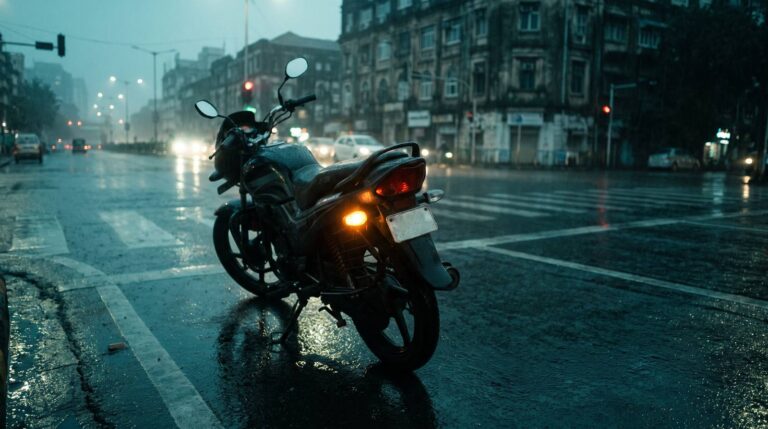 A commuter motorcycle waiting at a rain-soaked Indian city junction after dark, its amber rear indicator lit and reflecting off the wet road
