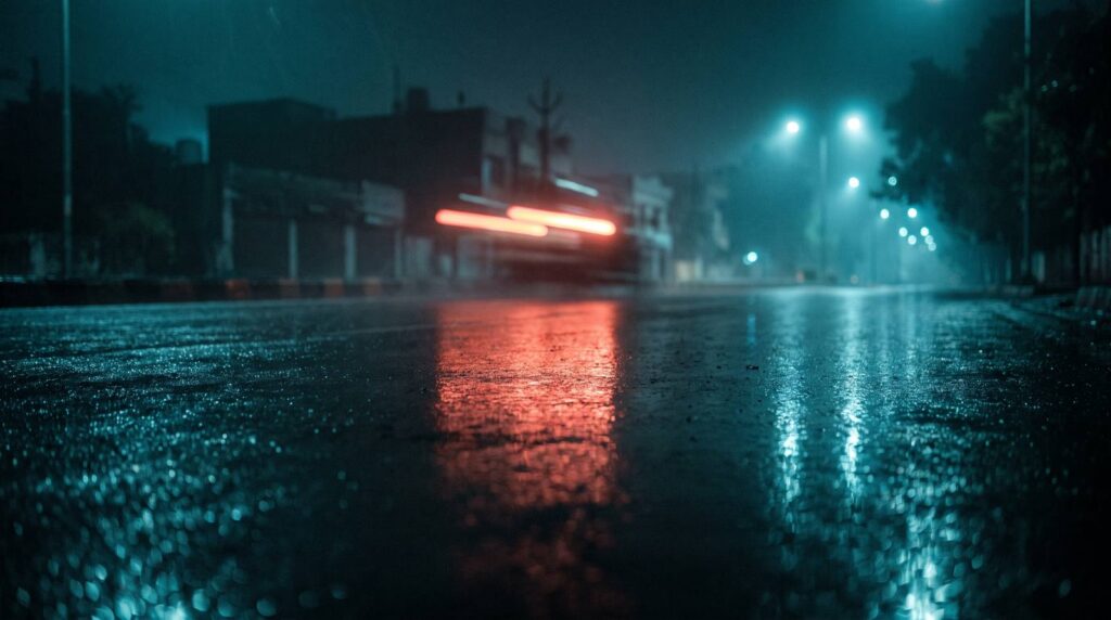 Empty wet city street in India at night after rain, with a blurred red tail light streak reflected on the tarmac