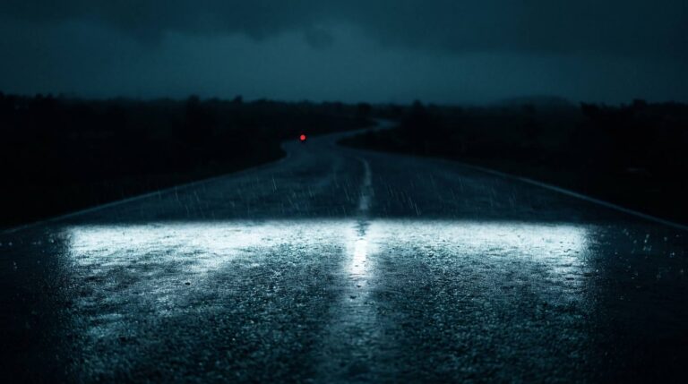 Headlight beam falling on a wet night highway with a flat cut-off edge across the tarmac and one distant red tail light