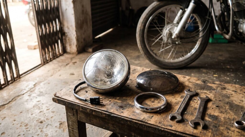 Round motorcycle headlight assembly out of its bucket on a workshop bench, beside a smoked lens cover, a chrome trim ring and two spanners