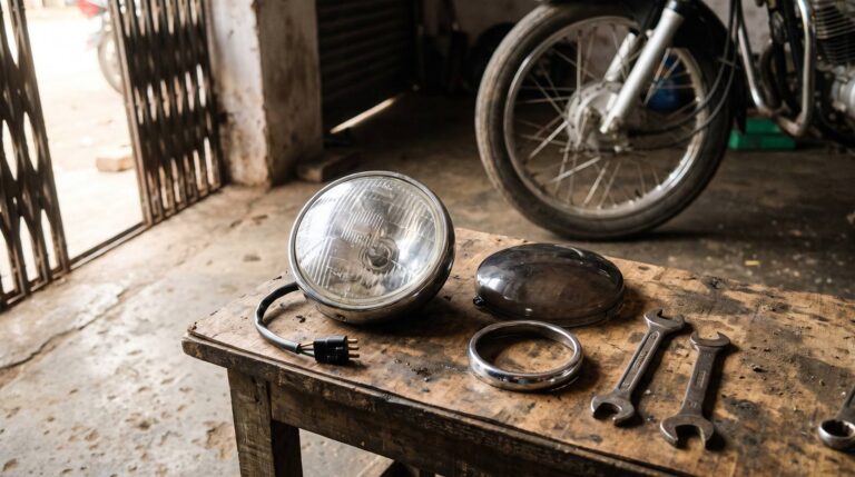 Round motorcycle headlight assembly out of its bucket on a workshop bench, beside a smoked lens cover, a chrome trim ring and two spanners