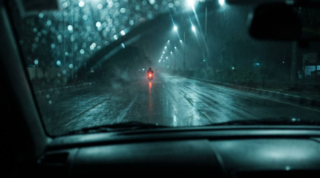 View through a car windscreen on a rainy night: a motorcycle ahead showing only its small red tail lamp against wet tarmac and street lights