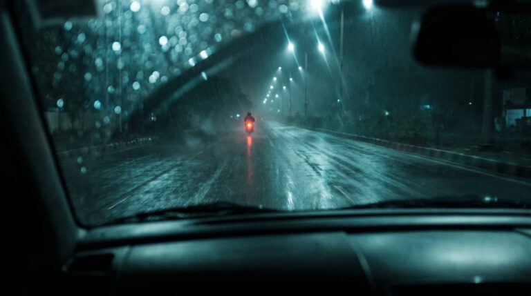 View through a car windscreen on a rainy night: a motorcycle ahead showing only its small red tail lamp against wet tarmac and street lights