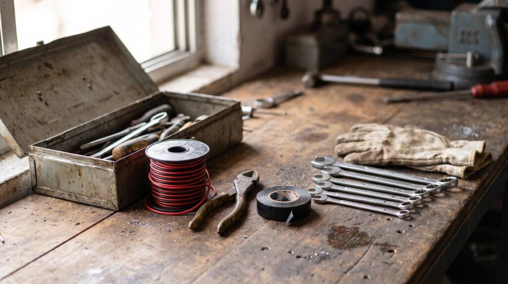 Motorcycle workshop bench with an open toolbox, a spool of red and black electrical wire, wire cutters, insulating tape, spanners and work gloves, laid out ready to rewire a rear lamp.